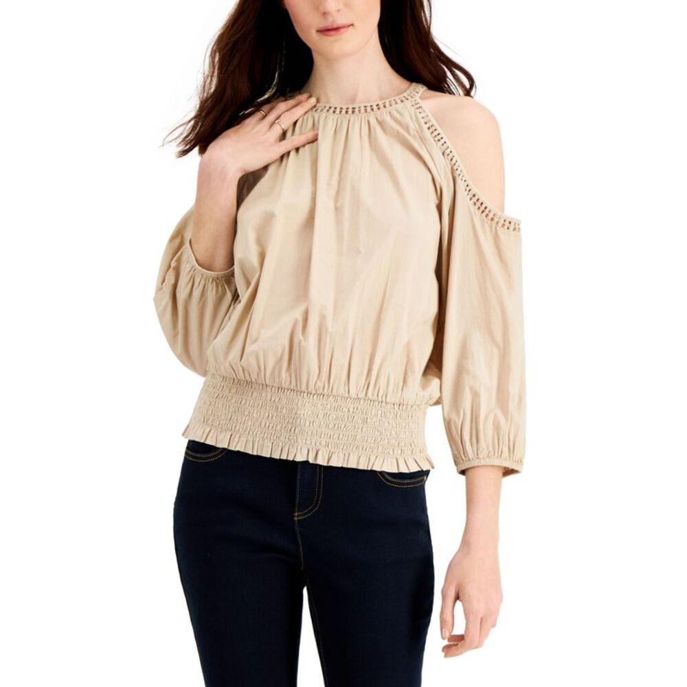 INC International Concepts Crochet Cold Shoulder Smocked Hem Top